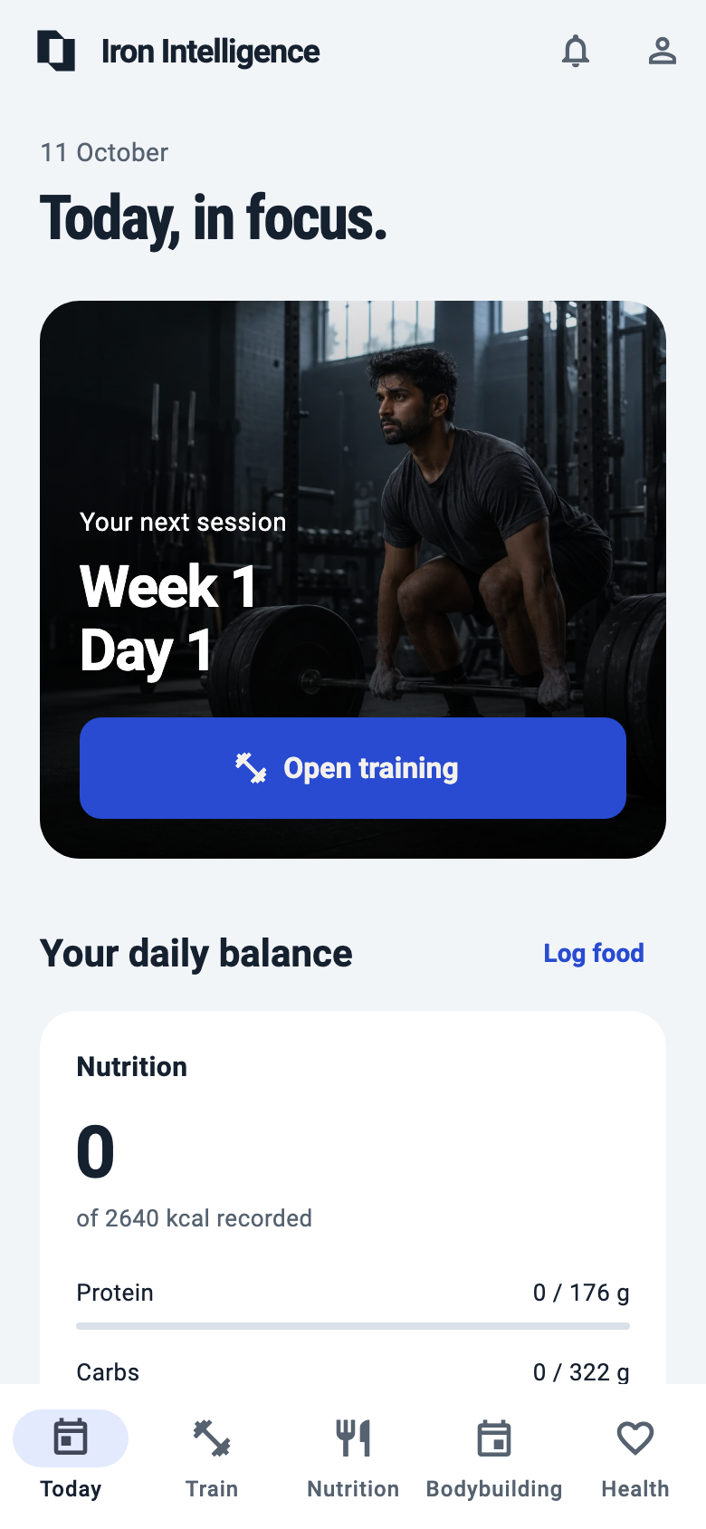 Today in Iron Intelligence’s light theme, showing the next session and food totals.