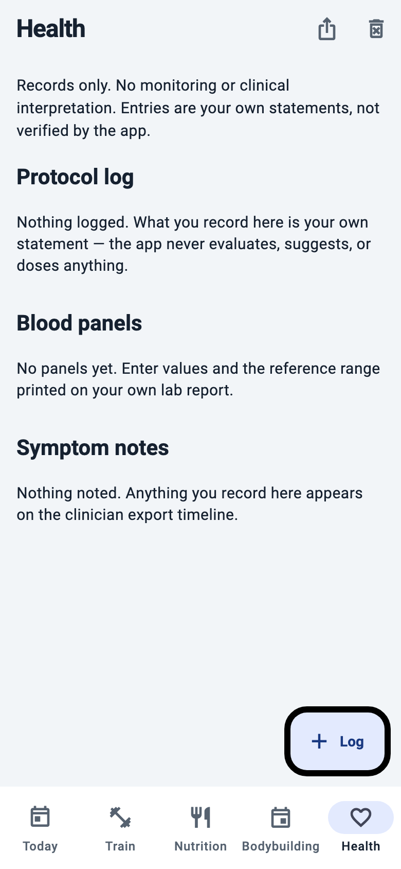 Your private health record in Iron Intelligence’s light theme.