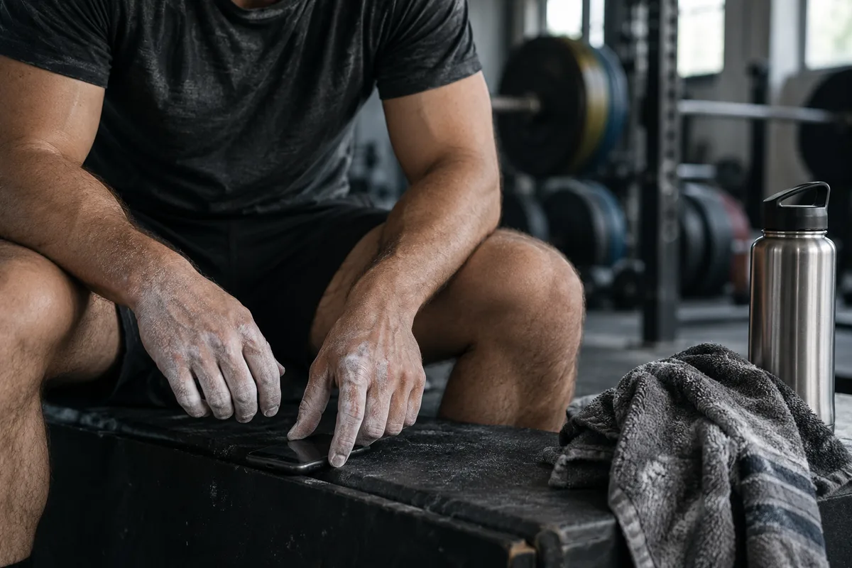 Chalk-dusted hands and weight-training equipment after a session.